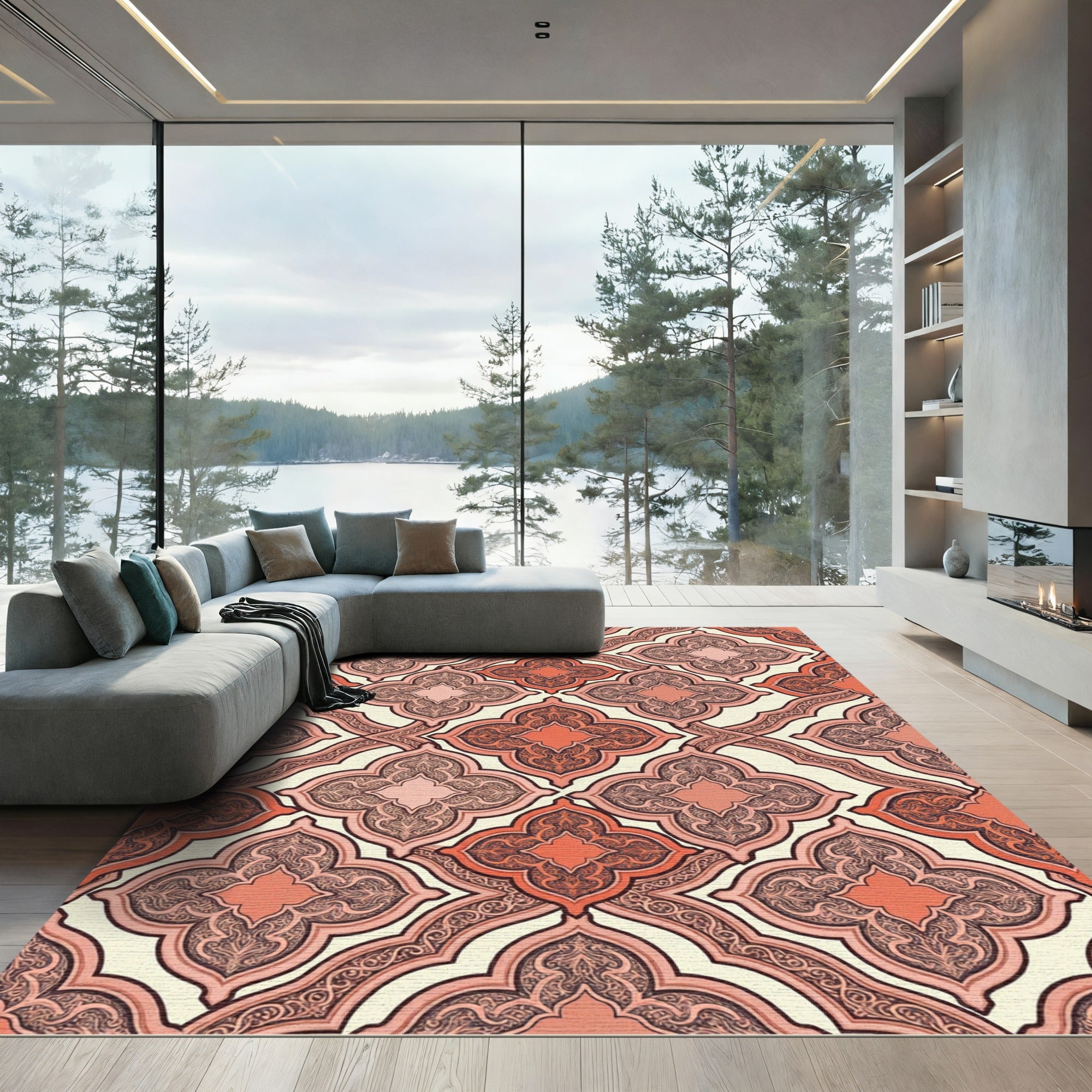 Red Coral Quatrefoil Arabesque Rug