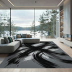 Modern Monochrome Abstract Brush Stroke Art Rug