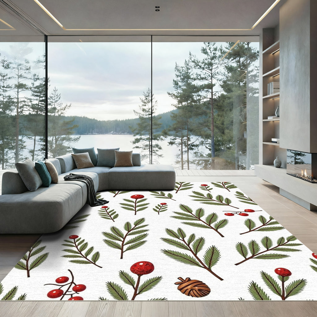 Green Pine Sprigs Red Berries Cones Rug