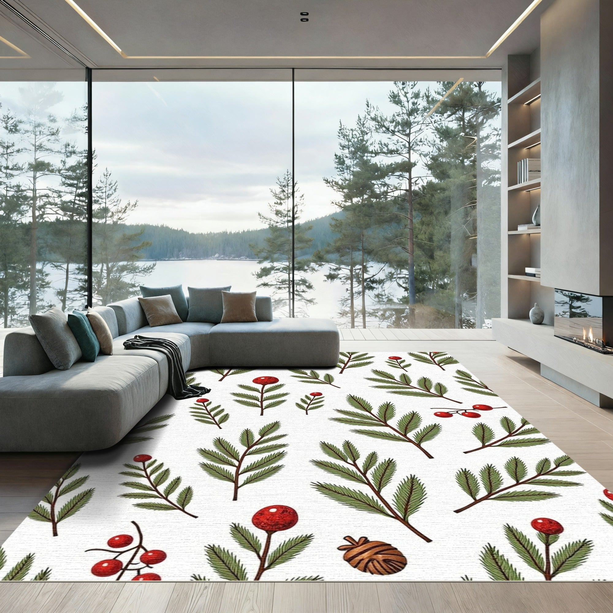 Green Pine Sprigs Red Berries Cones Rug