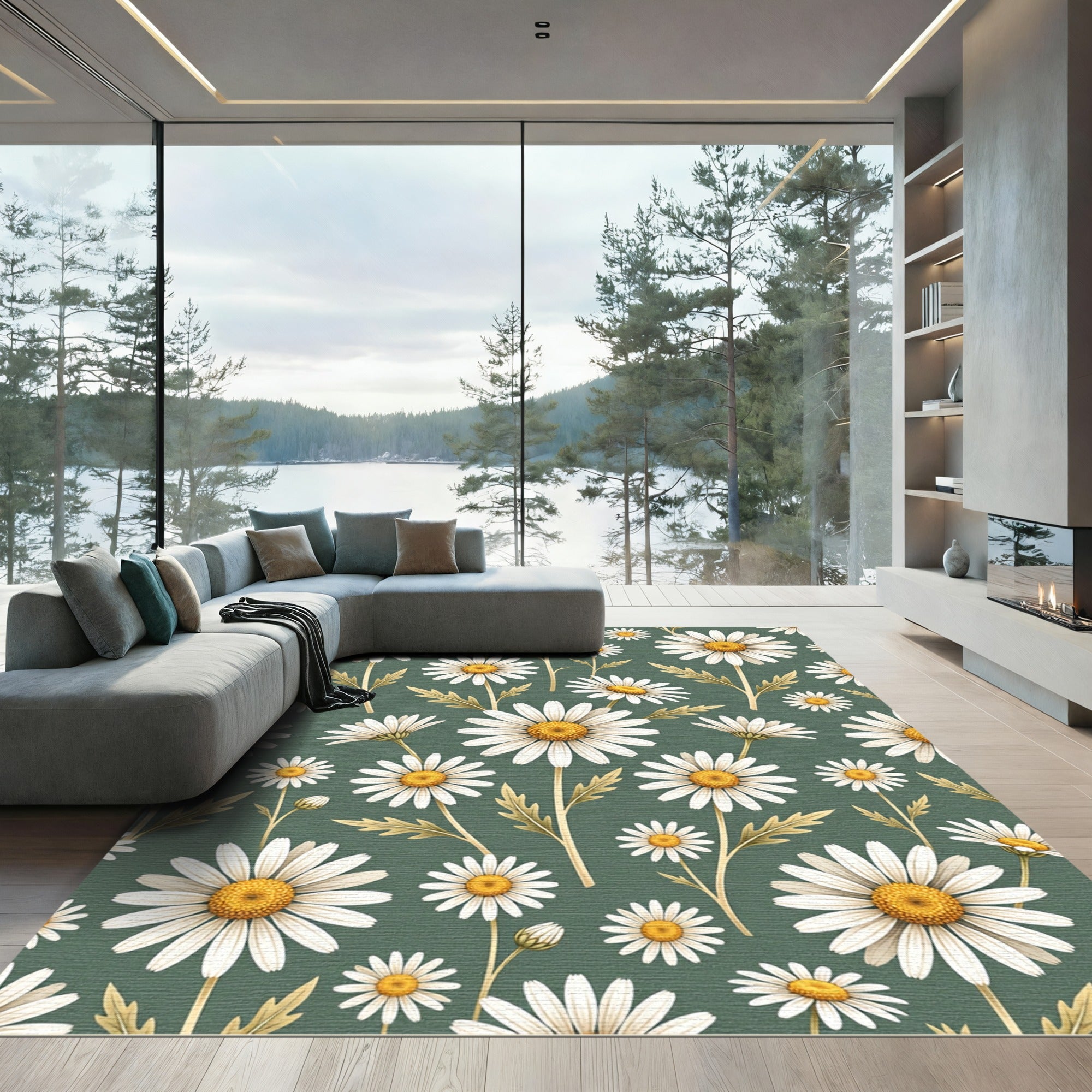 Botanical Sage Green Daisy Floral Rug