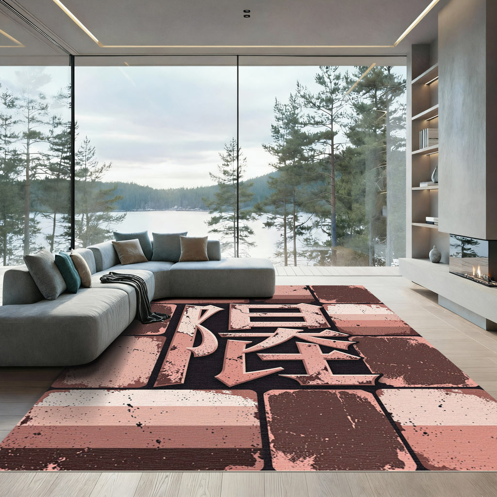 Rose Gold Grunge Brick Typography Rug