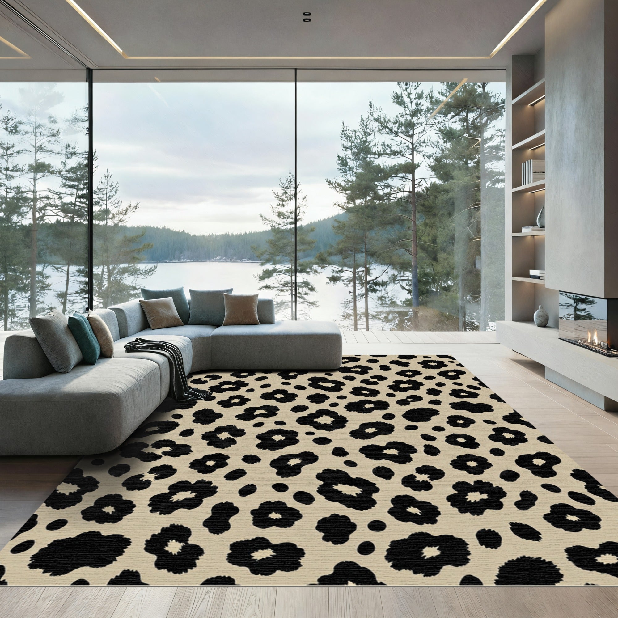 Classic Beige Black Animal Spots Rug