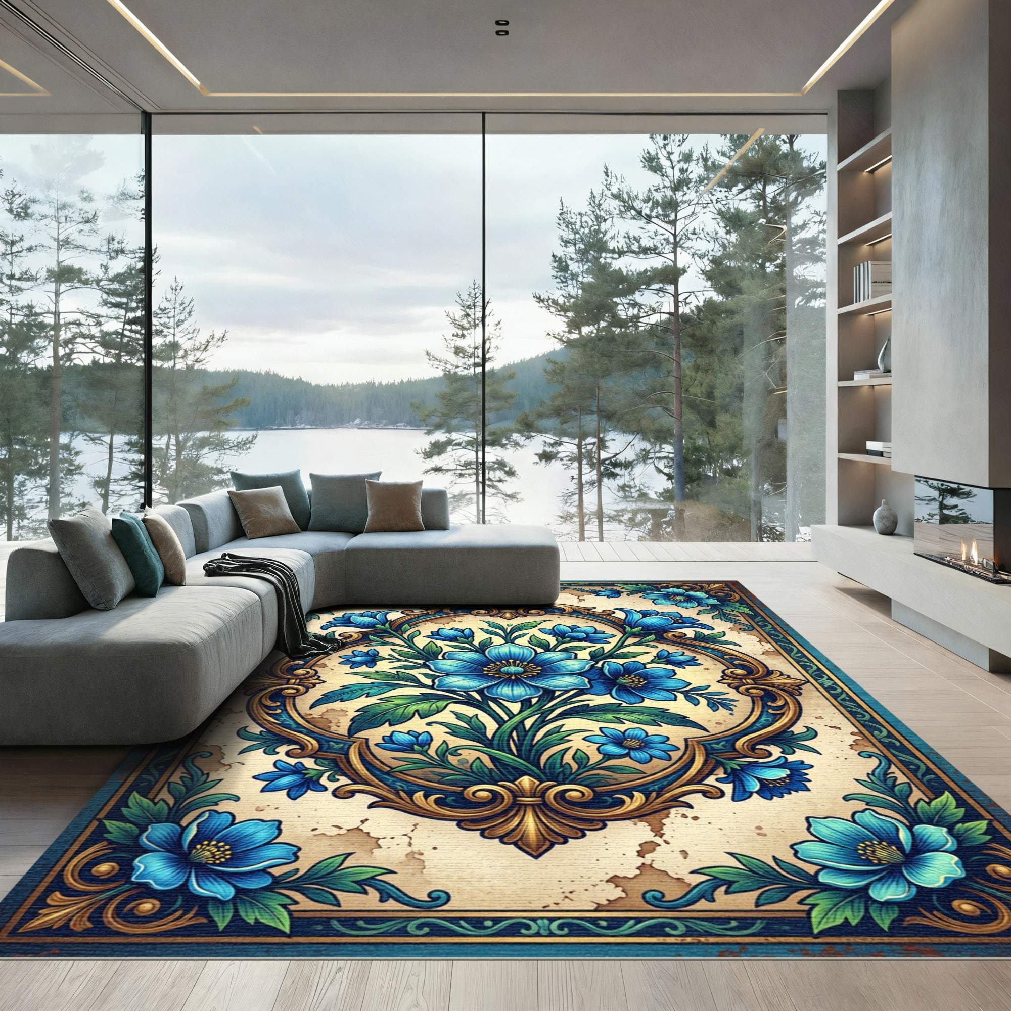 Elegant Blue Floral Baroque Medallion Rug