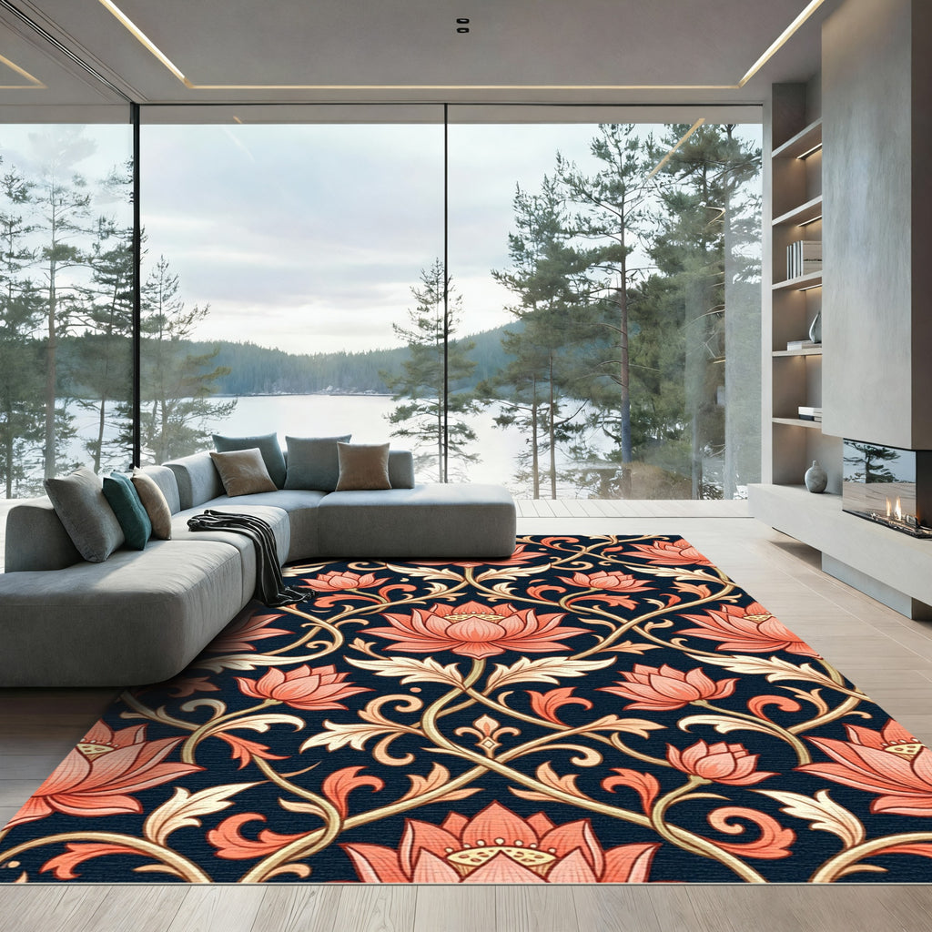 Coral Lotus Vine Dark Navy Rug