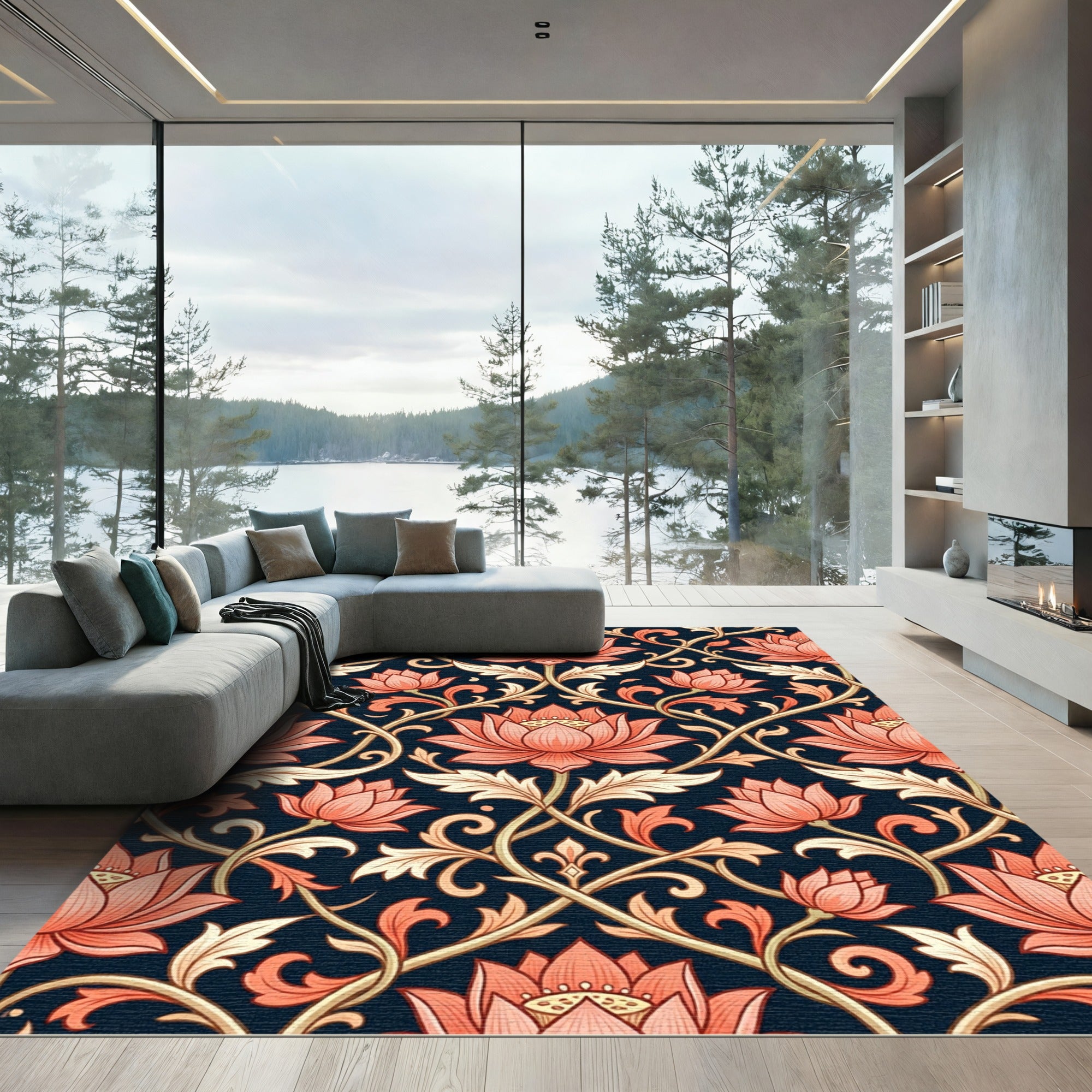 Coral Lotus Vine Dark Navy Rug