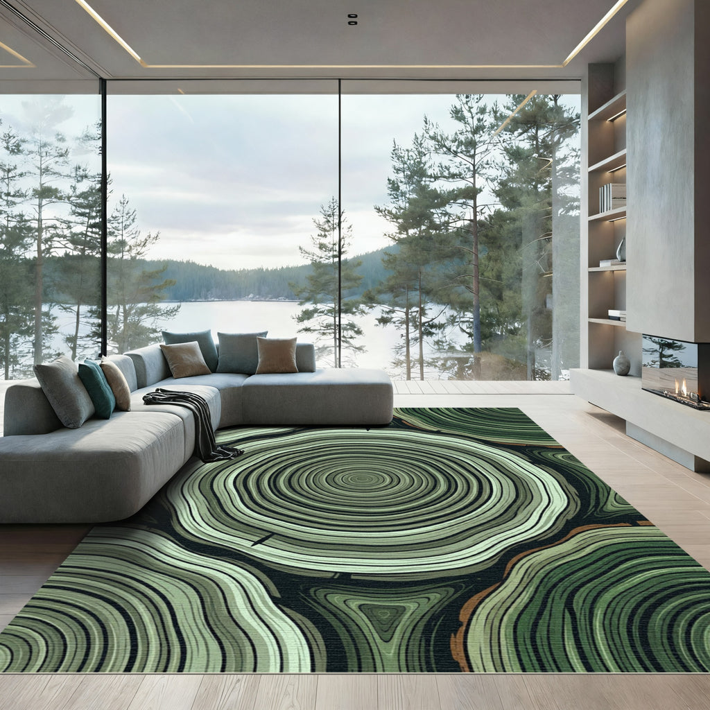 Forest Green Wood Grain Rings Rug