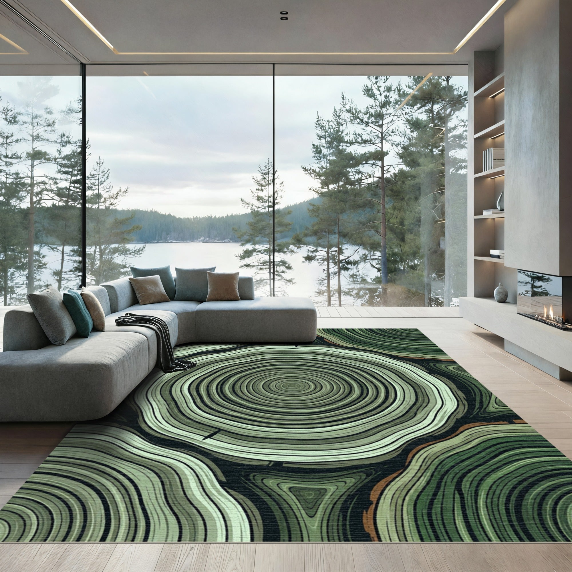 Forest Green Wood Grain Rings Rug