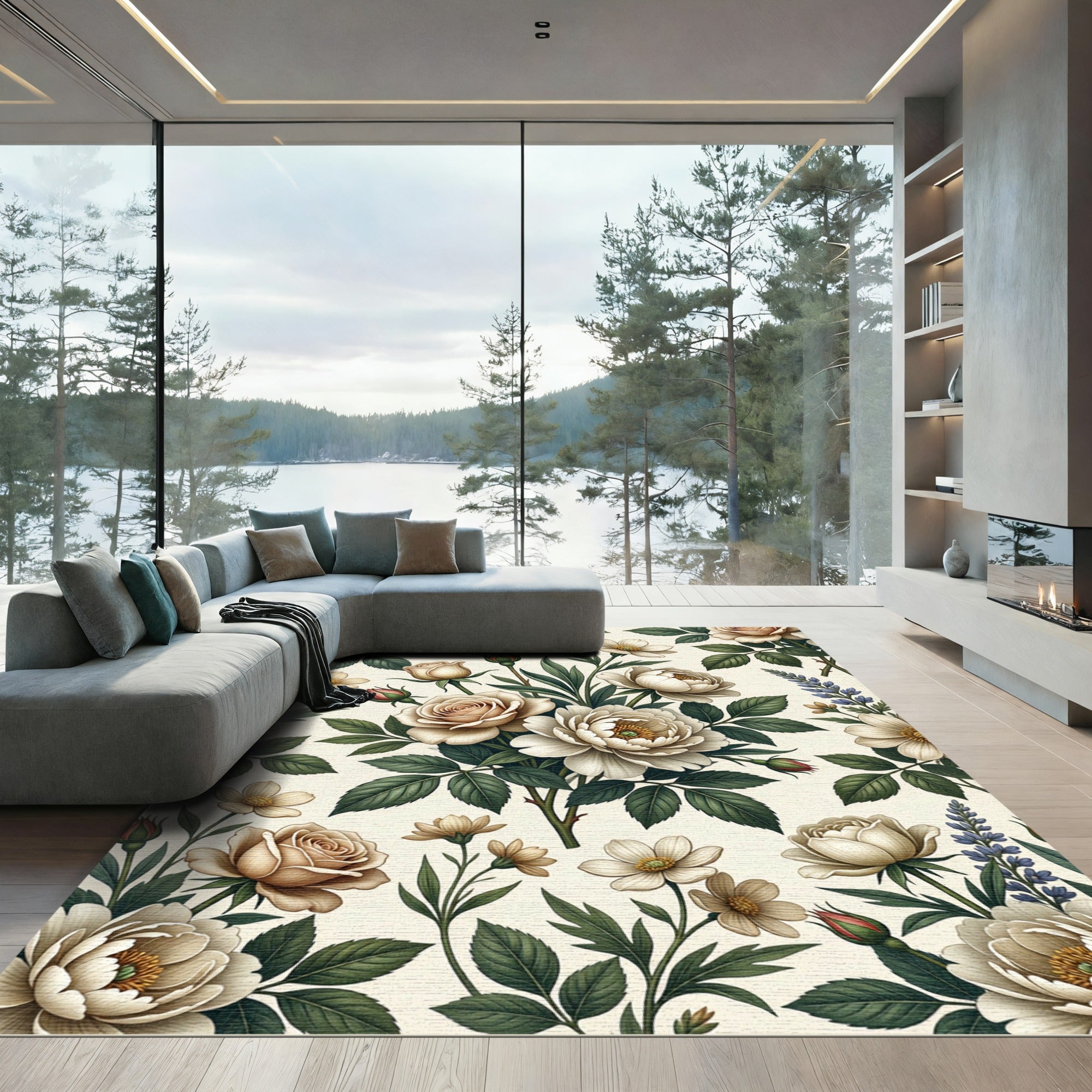 Cream Rose Botanical Garden Arrangement Rug