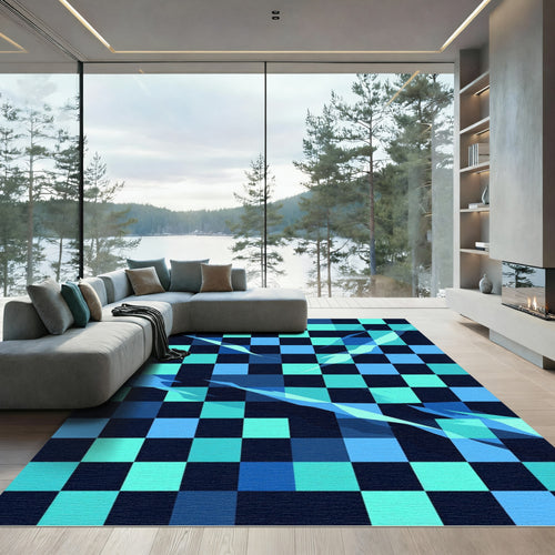 Abstract Blue Checkerboard with Fluid Light Rug