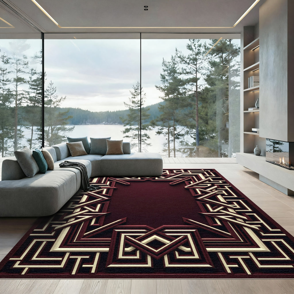 Rich Crimson Geometric Interlocking Lines Rug