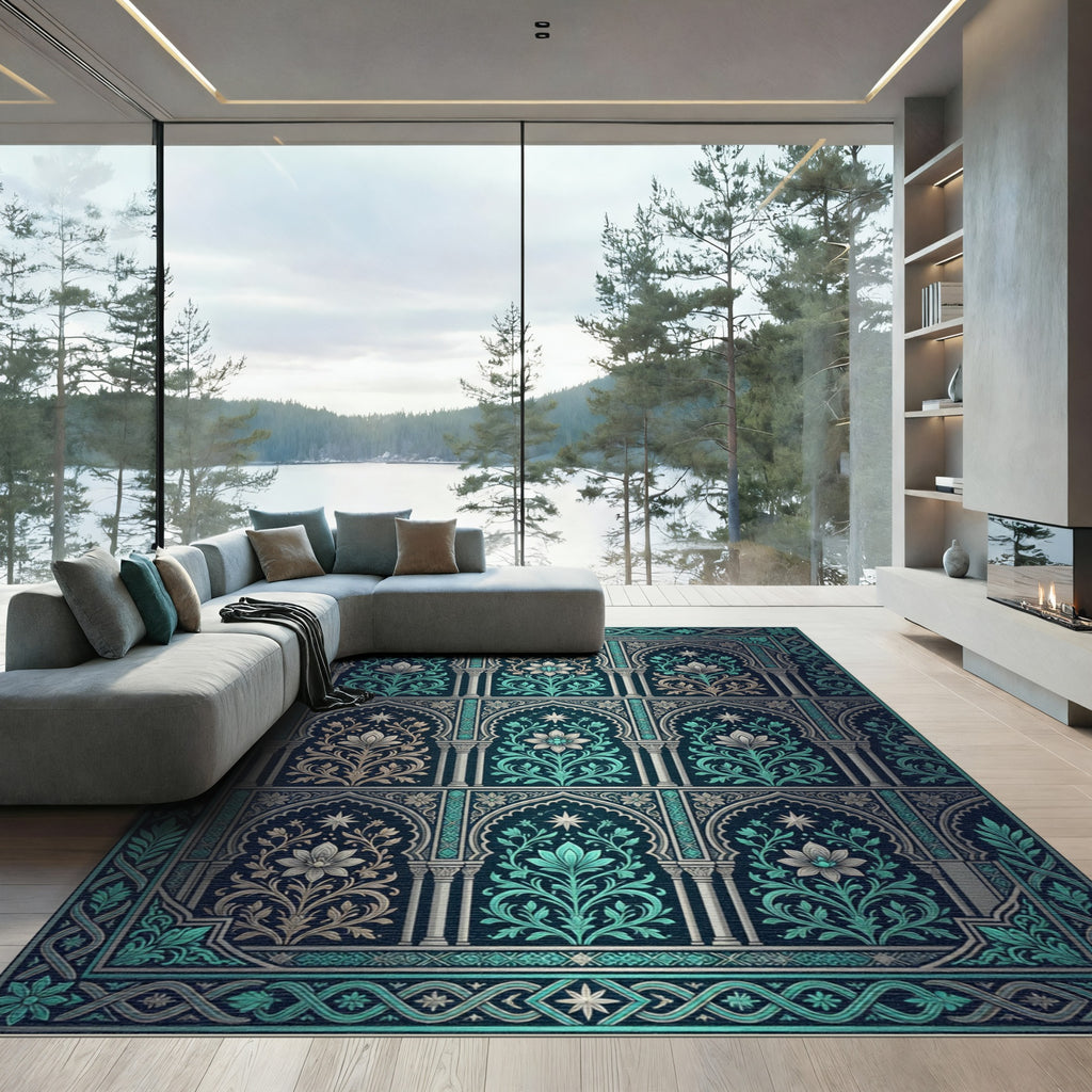 Intricate Teal Floral Archway Revival Rug