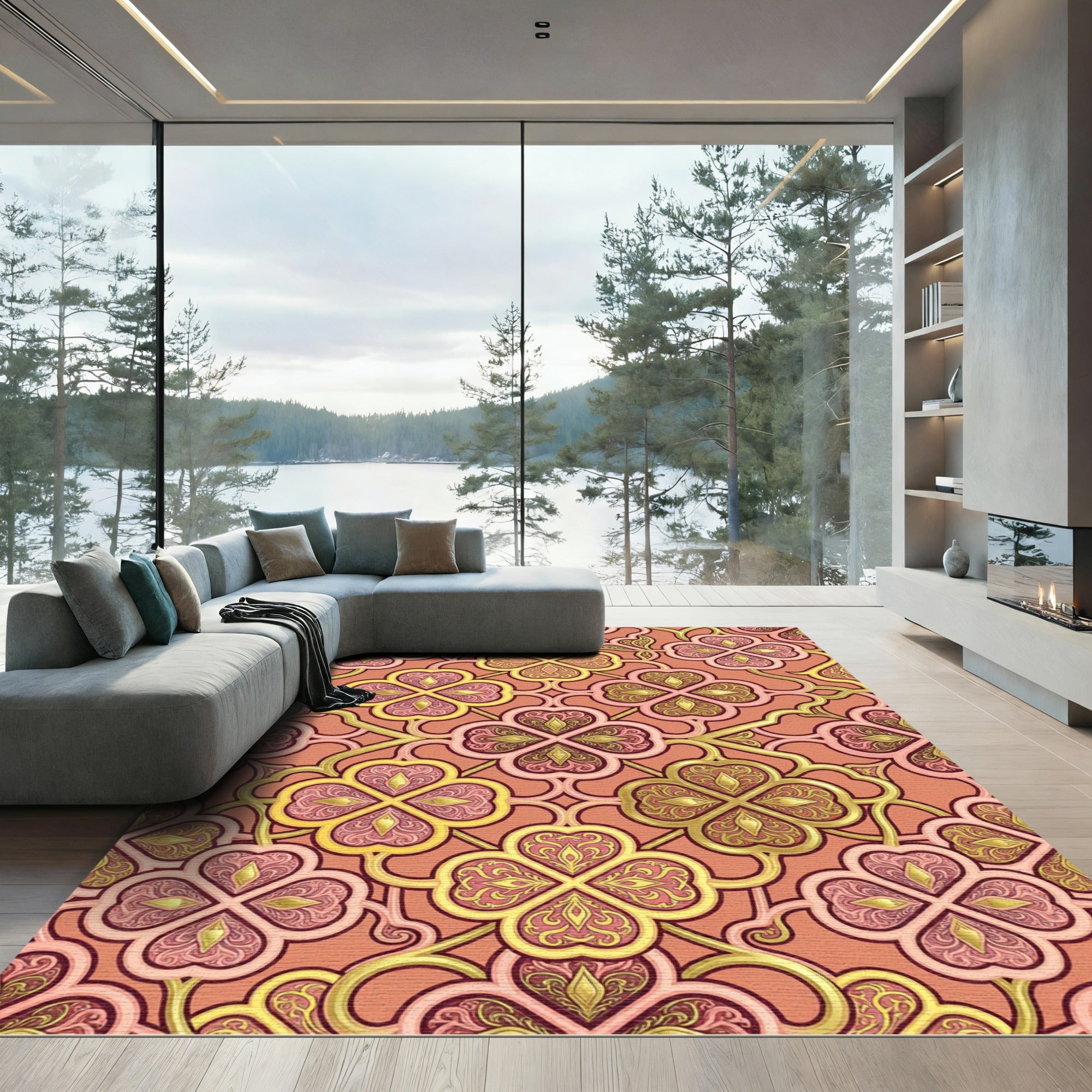 Golden Clover Damask Terracotta Trellis Rug