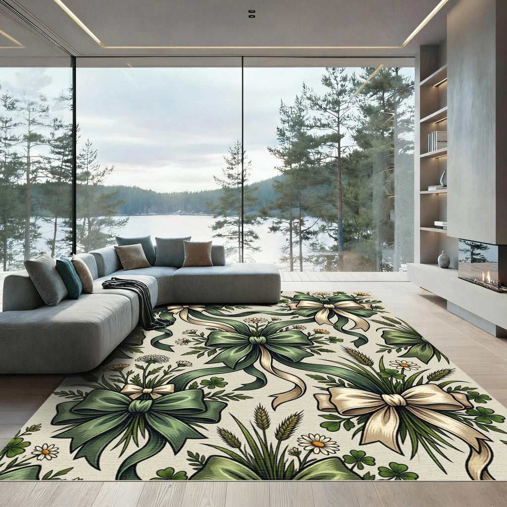 Sage Green Ribbon and Daisy Meadow Rug