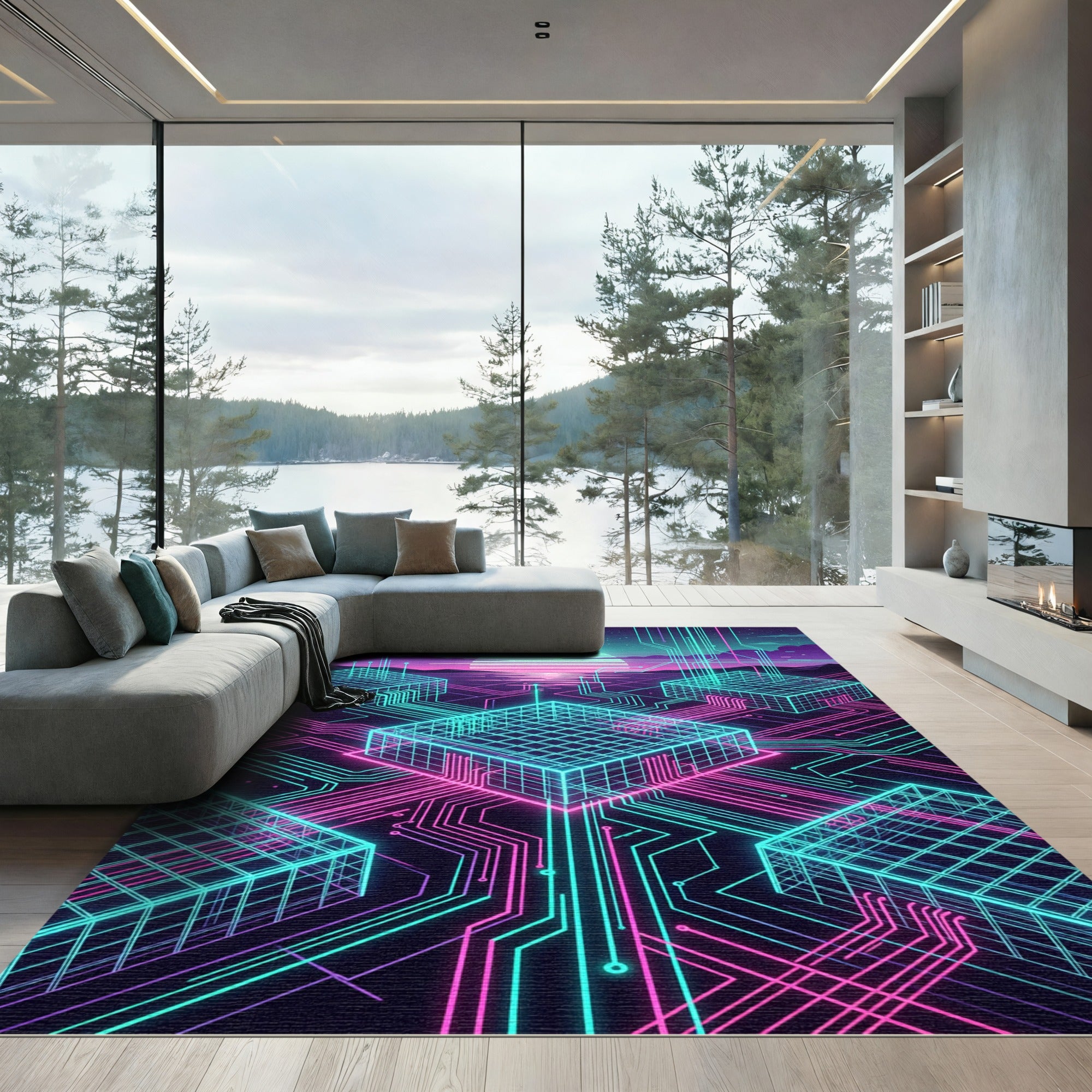 Neon Synthwave Cyber Grid Circuit Art Rug