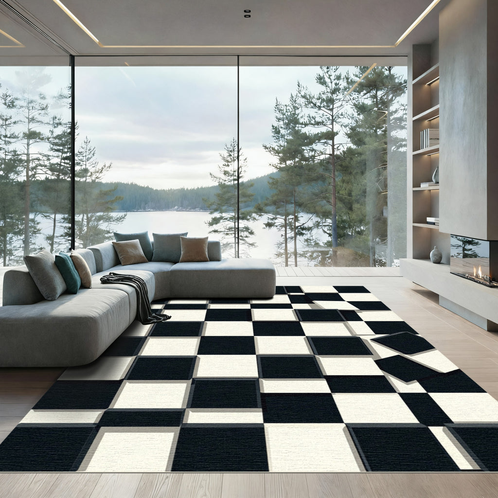 Monochrome Geometric Checkerboard 3D Illusion Rug