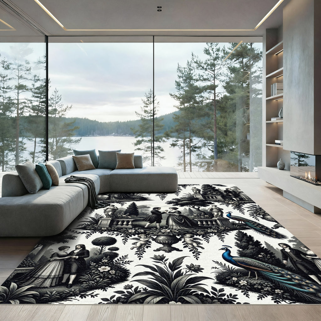 Vintage Black White Court Garden Scene Rug