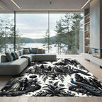 Vintage Black White Court Garden Scene Rug