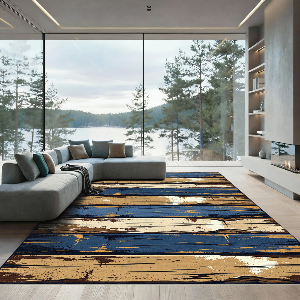 Rustic Distressed Navy and Ochre Planks Rug