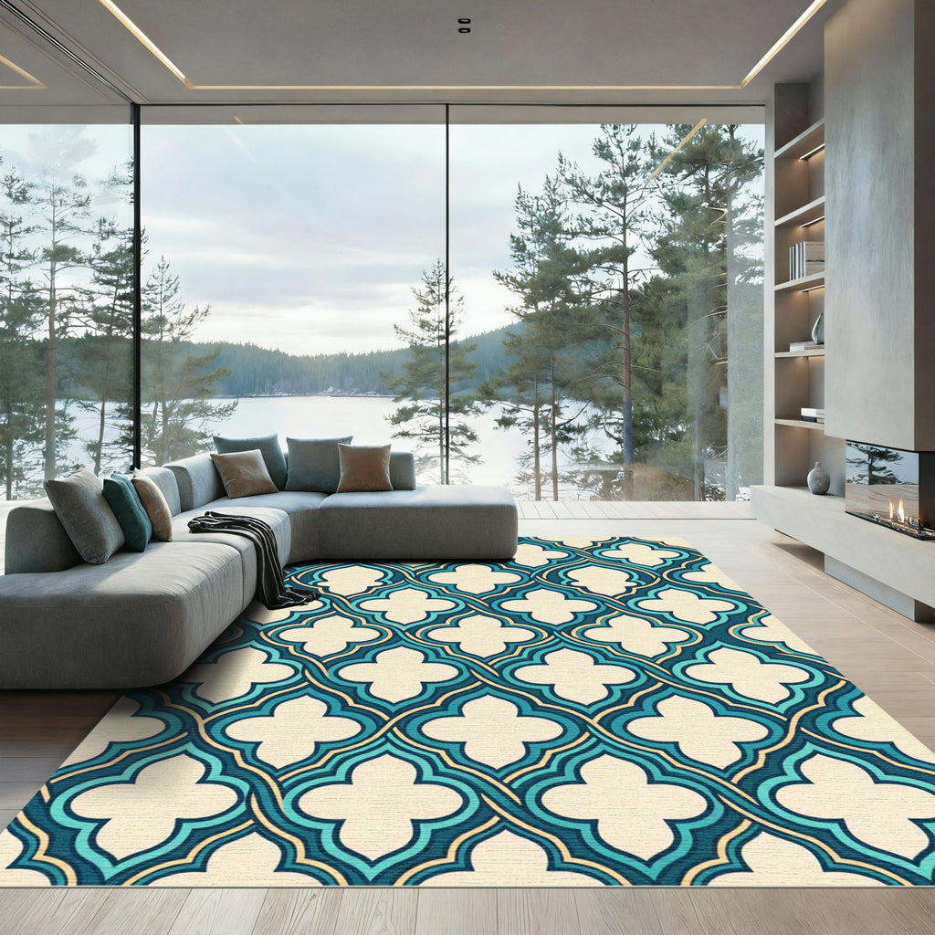 Teal Cream Quatrefoil Trellis Pattern Rug