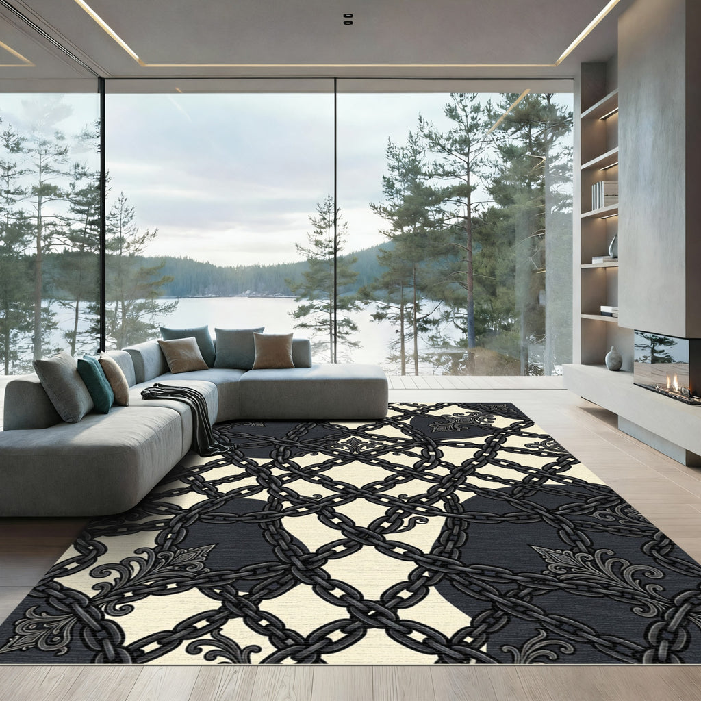 Gothic Black Chain Fleur-de-lis Grid Rug