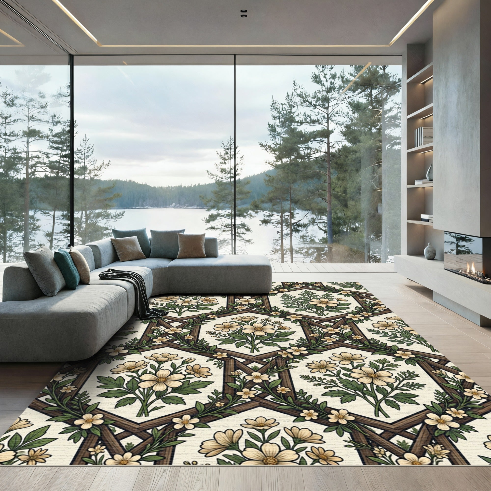 Vintage Cream Floral Hexagon Trellis Rug