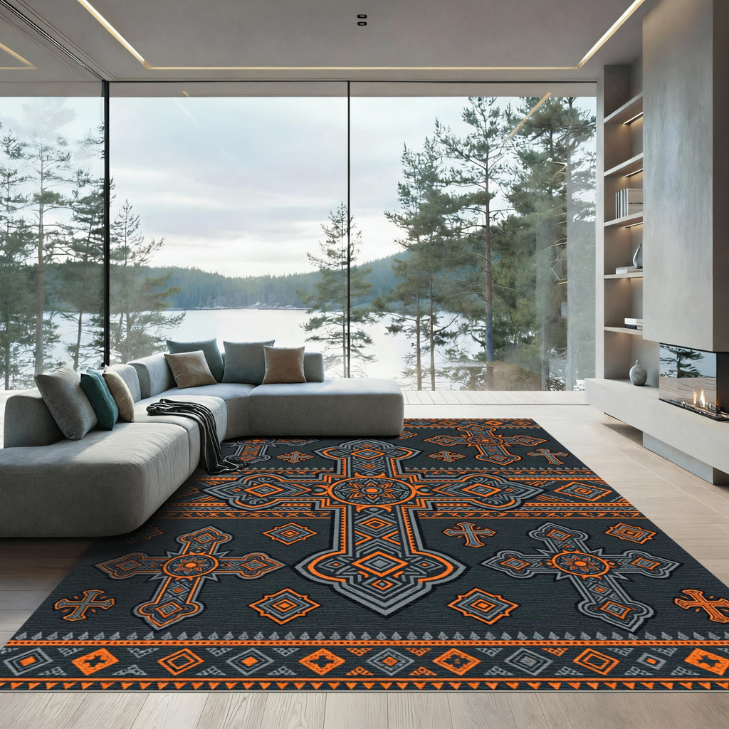 Ornate Charcoal and Orange Cross Emblem Rug