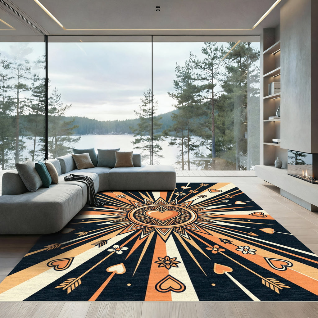 Radiant Orange Heart Sunburst Rug
