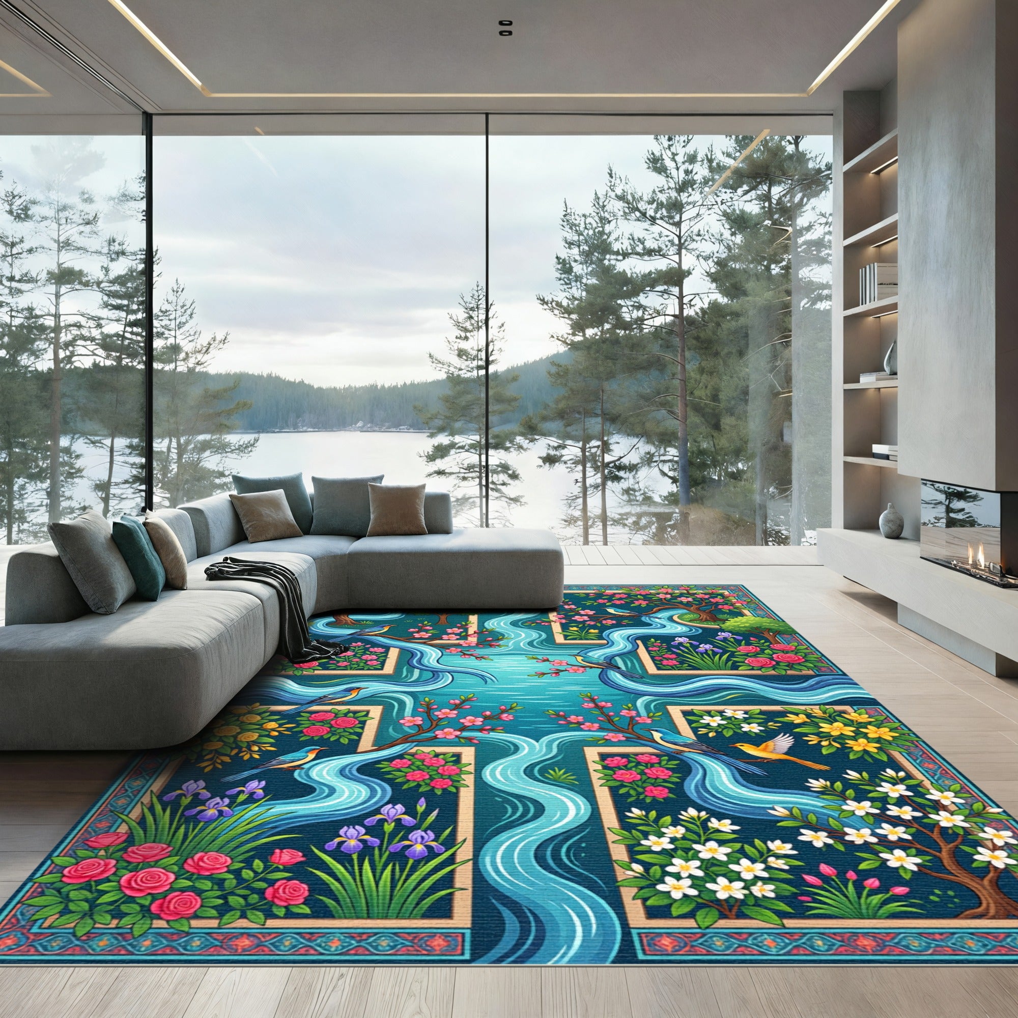 Serene Blue River Blossom Bird Scene Rug