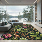 Dark Botanical Floral and Mushroom Scroll Rug