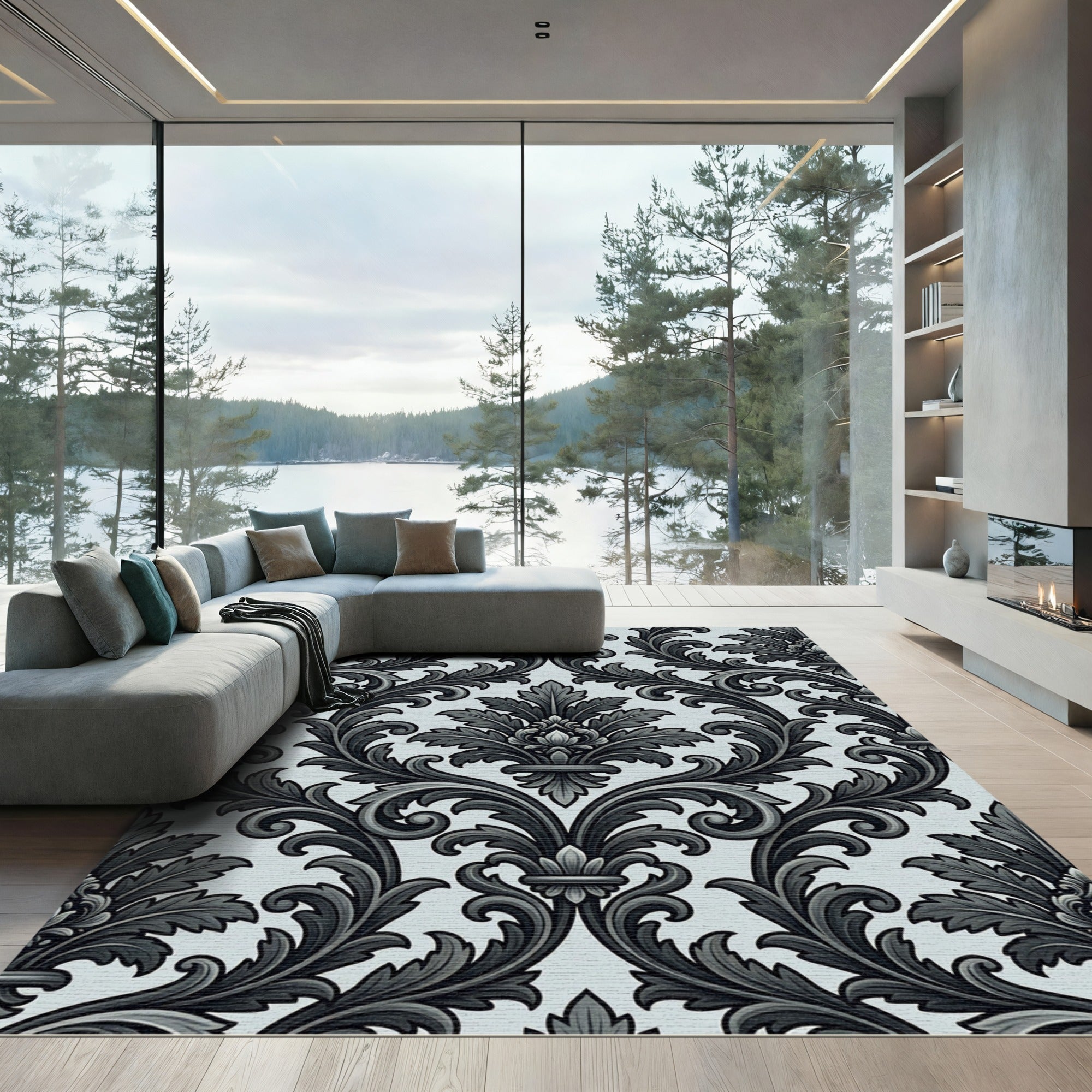 Dark Gray Flourish Scroll Damask Rug