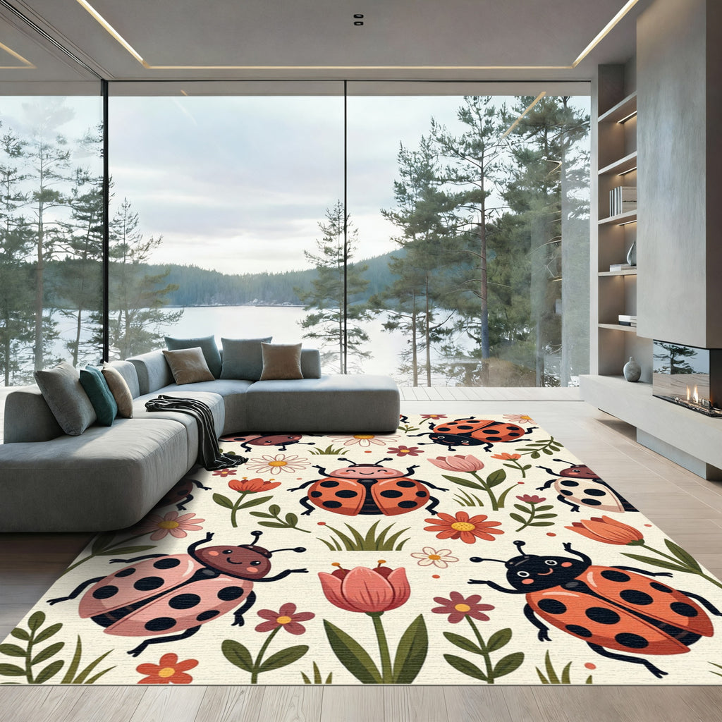Cheerful Ladybugs With Daisies And Tulips Rug