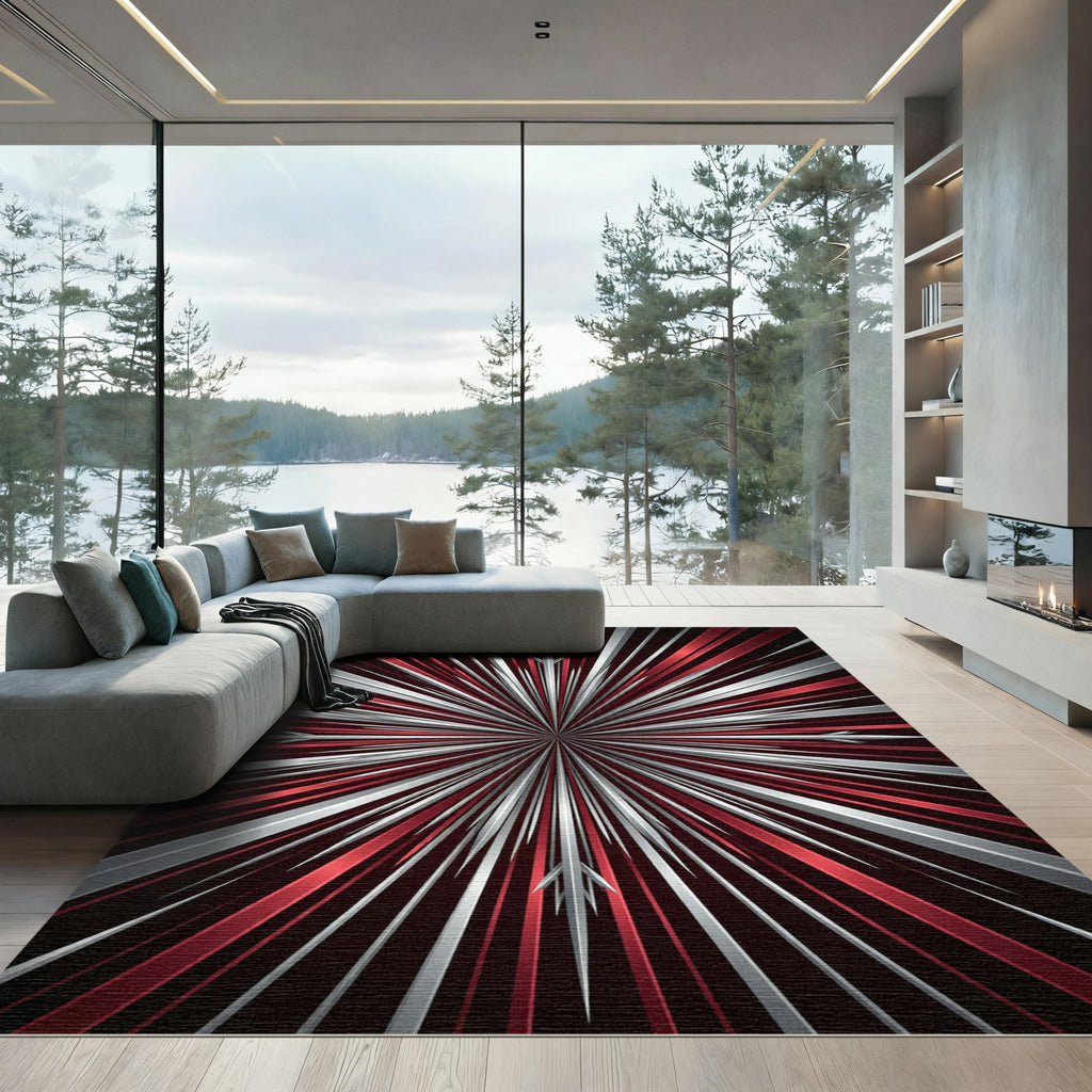 Red Silver Radial Burst Rug