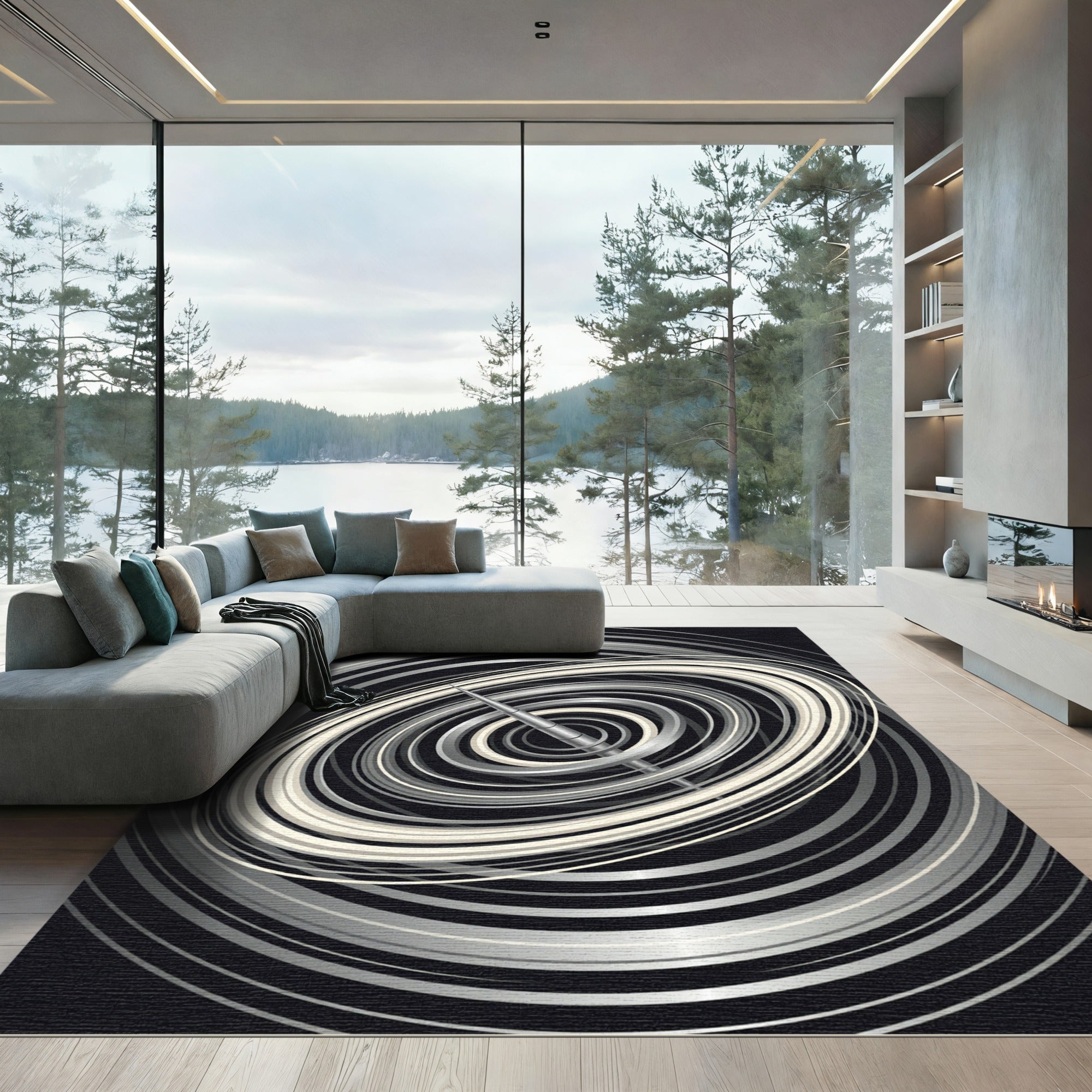 Minimalist Silver Orbits Abstract Circular Rug