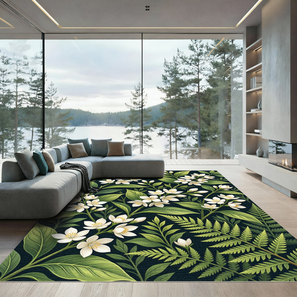 Lush White Blossom And Fern Pattern Rug