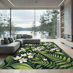 Lush White Blossom And Fern Pattern Rug