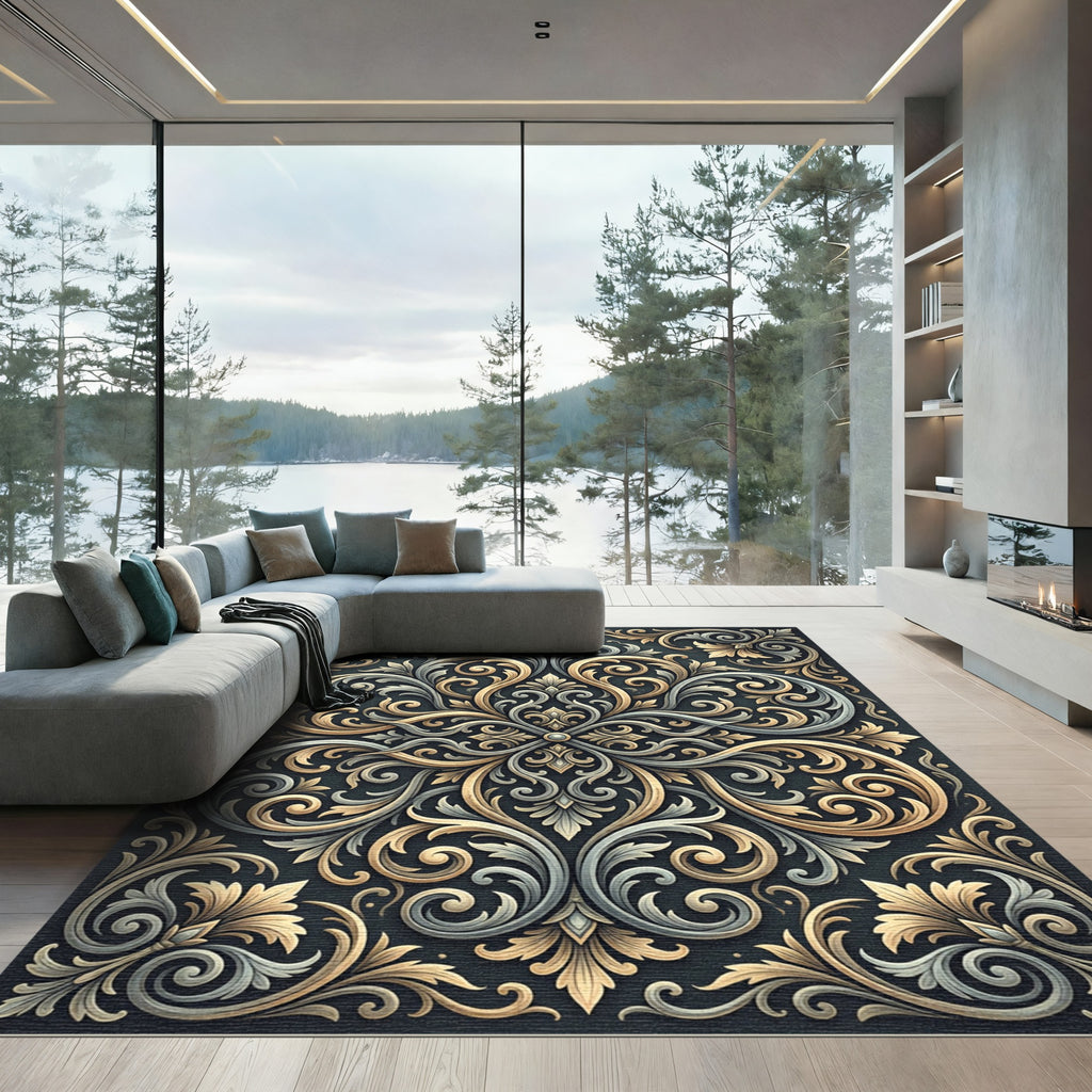 Ornate Gold Silver Scrollwork Rug