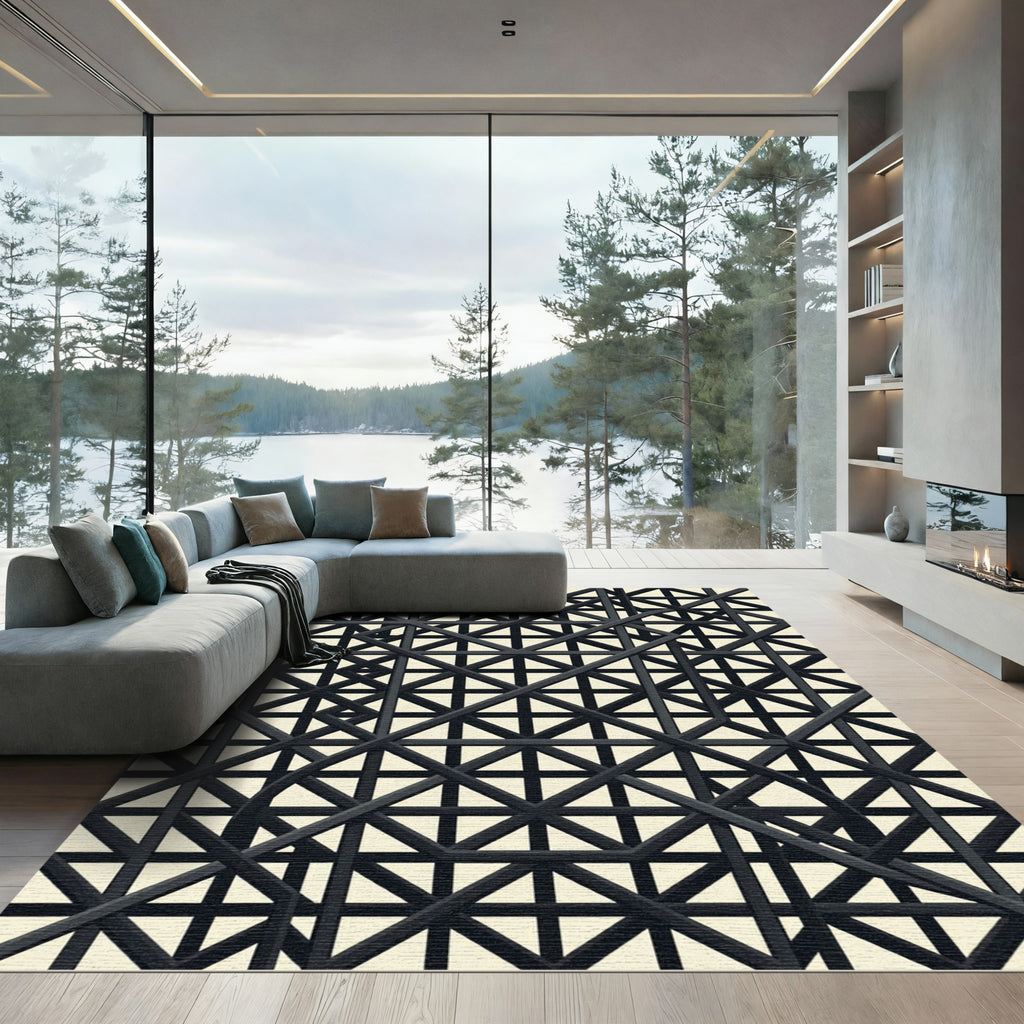 Modern Charcoal Interlocking Geometric Grid Rug