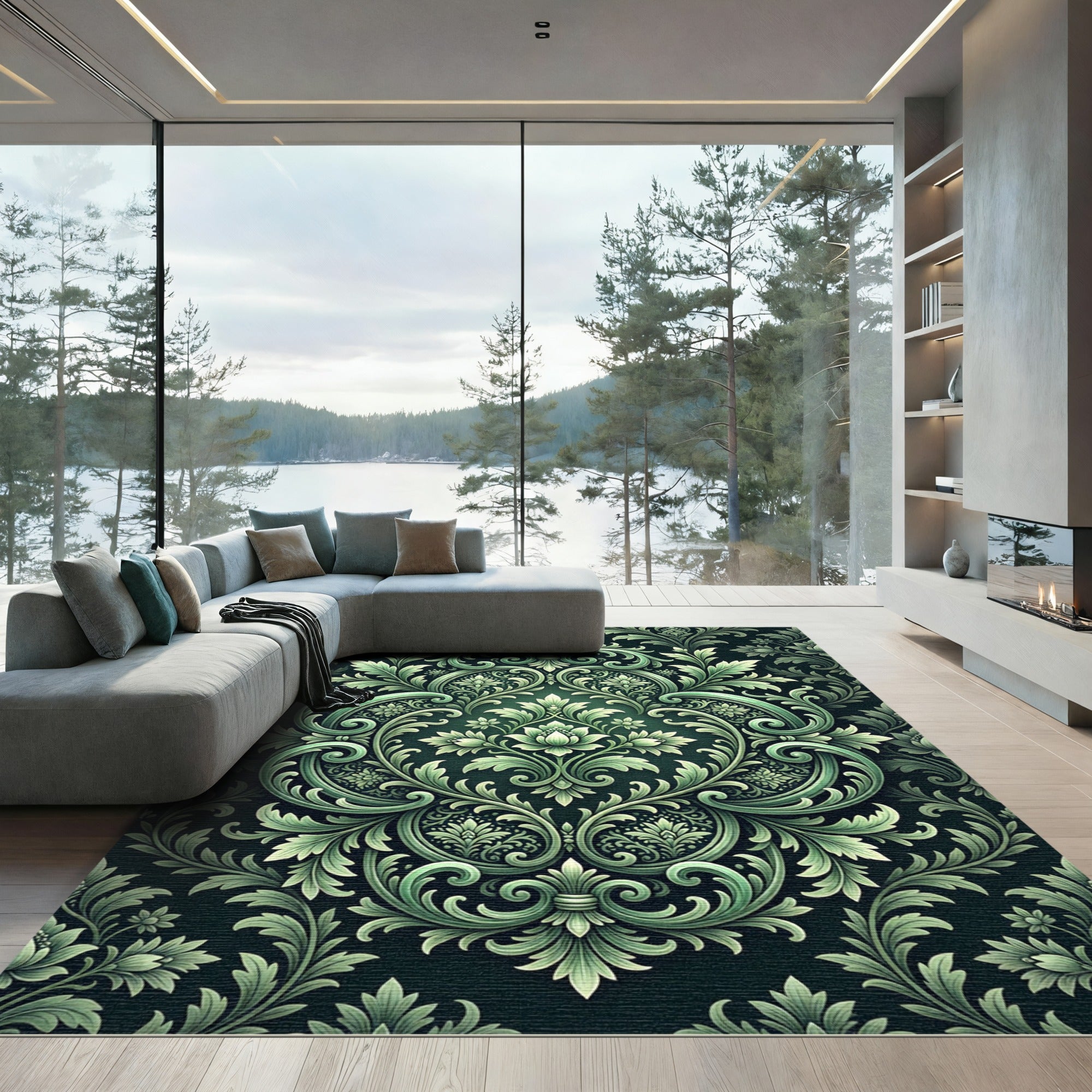 Emerald Green Damask Scrollwork Floral Rug