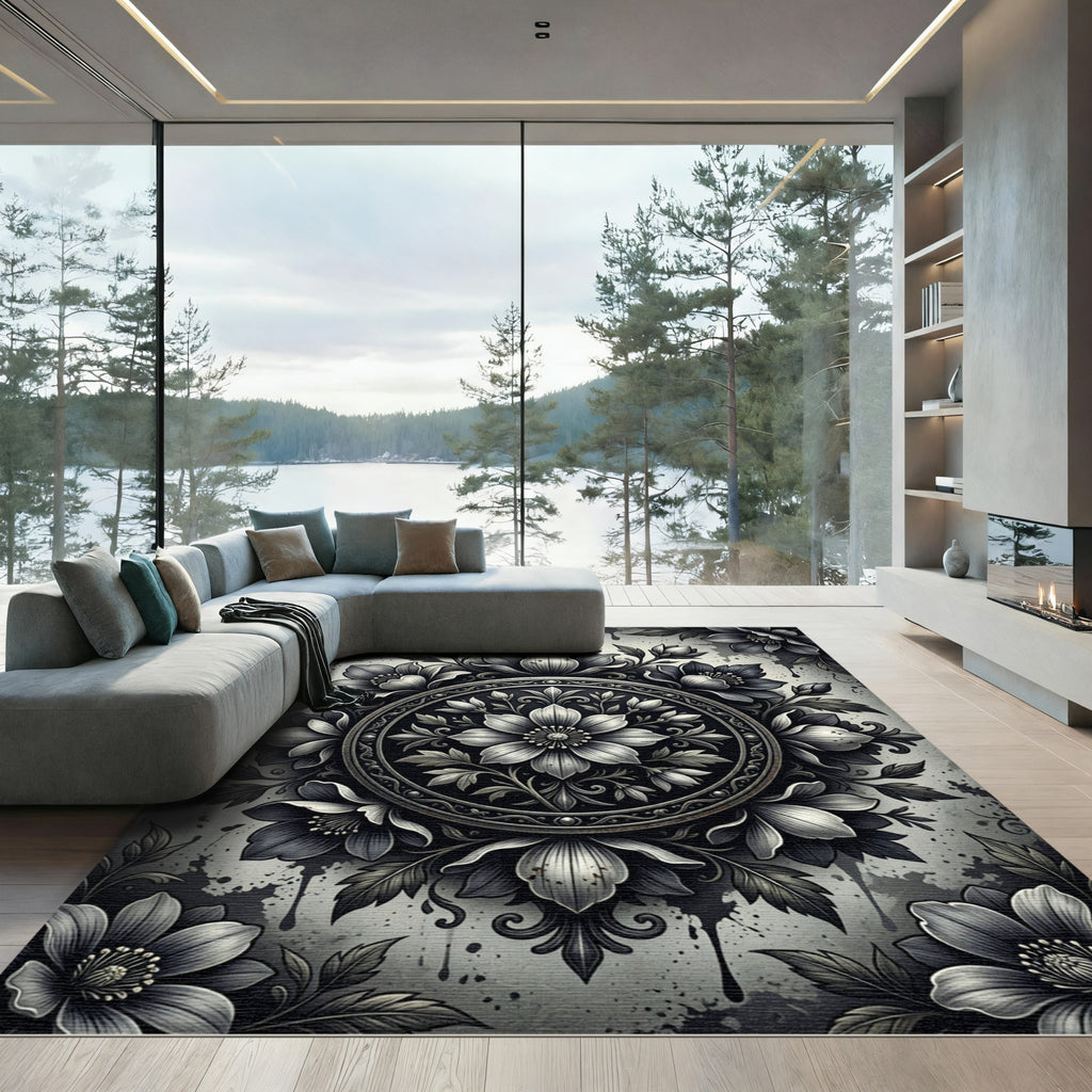 Monochromatic Vintage Floral Medallion Rug