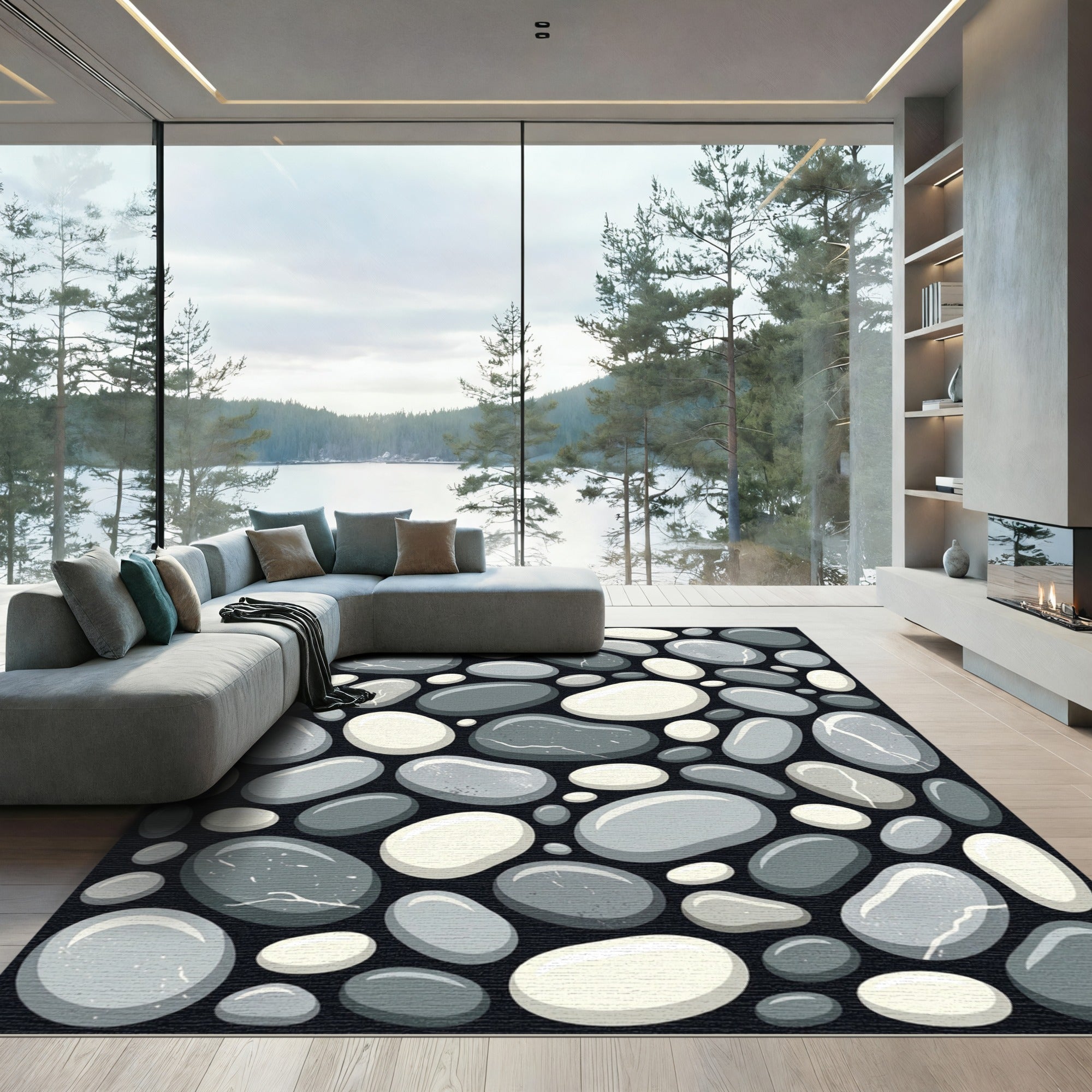 Smooth Stone Grey Pebble Arrangement Rug