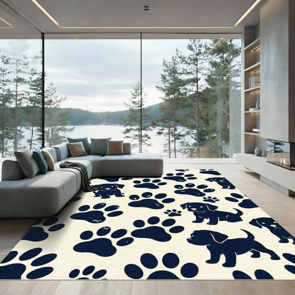Playful Navy Puppy and Paw Silhouette Rug