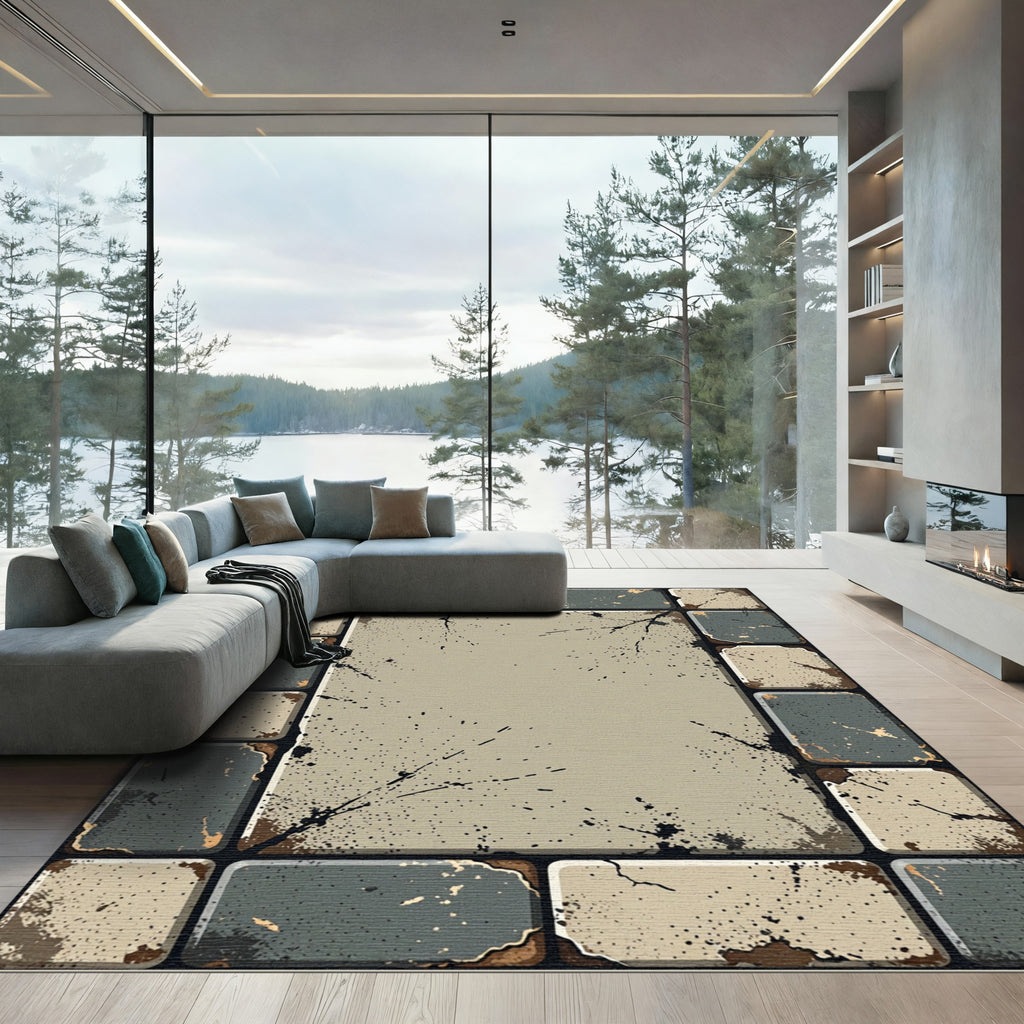 Distressed Grey Tan Concrete Tile Rug