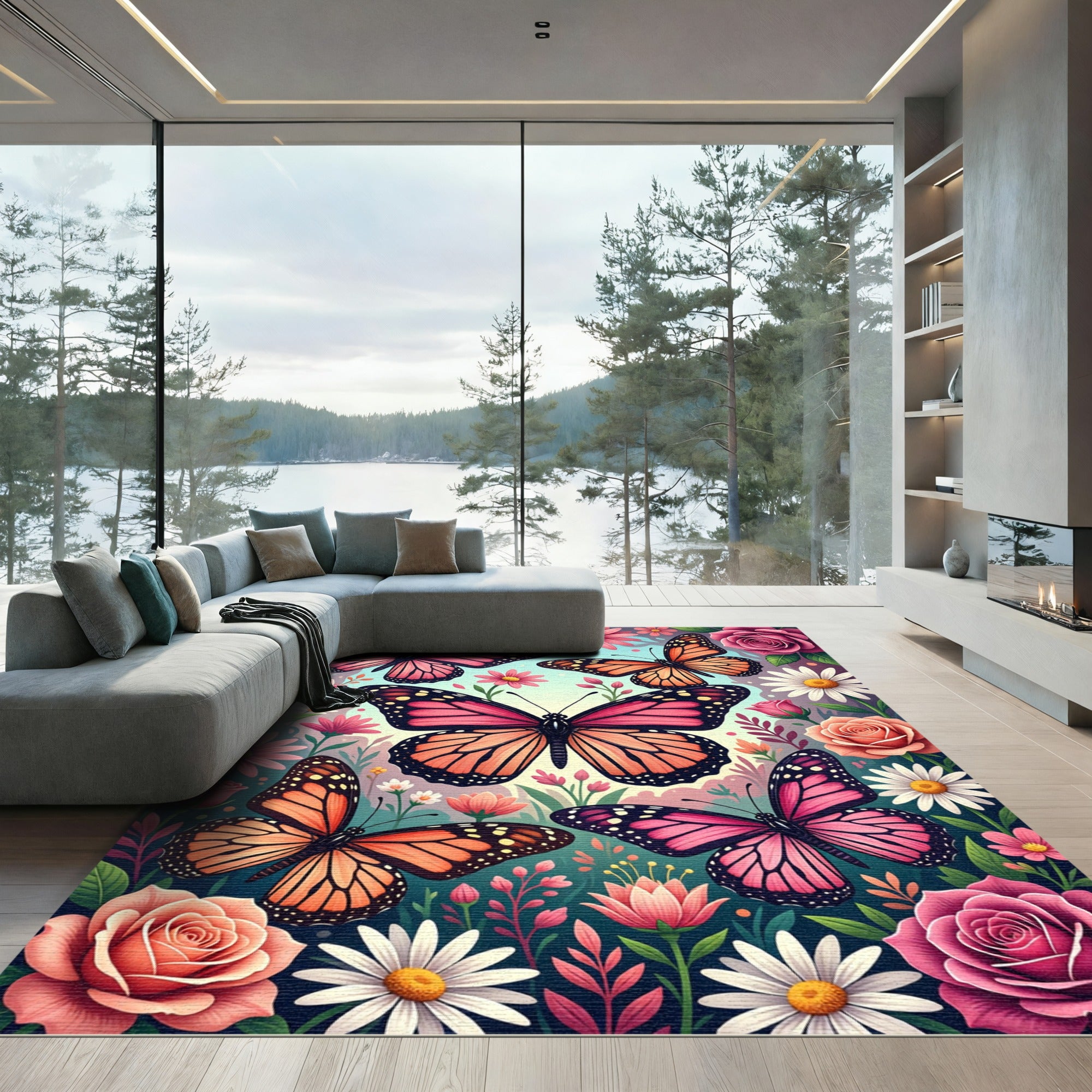 Pink Orange Butterflies Floral Garden Rug