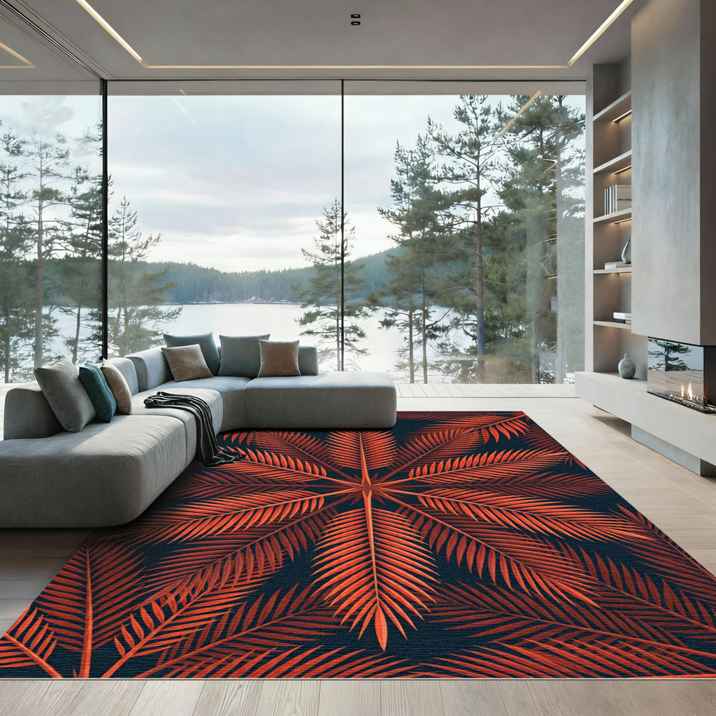 Fiery Orange Palm Leaf Bloom Rug