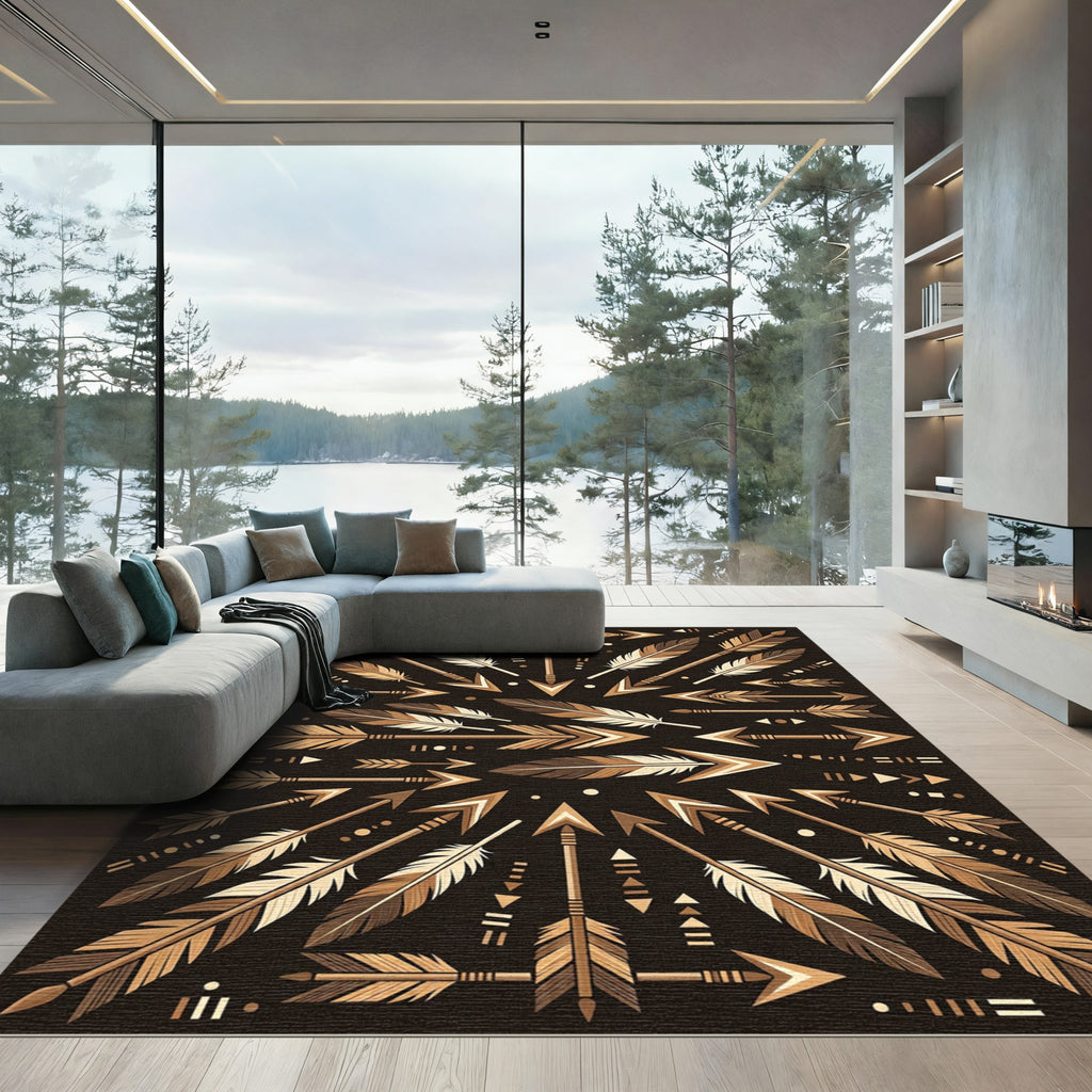 Earthy Bronze Arrow Feather Tribal Composition Rug