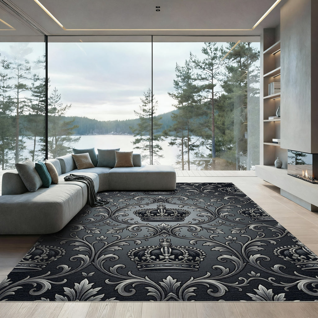 Regal Black Gray Crown Arabesque Rug