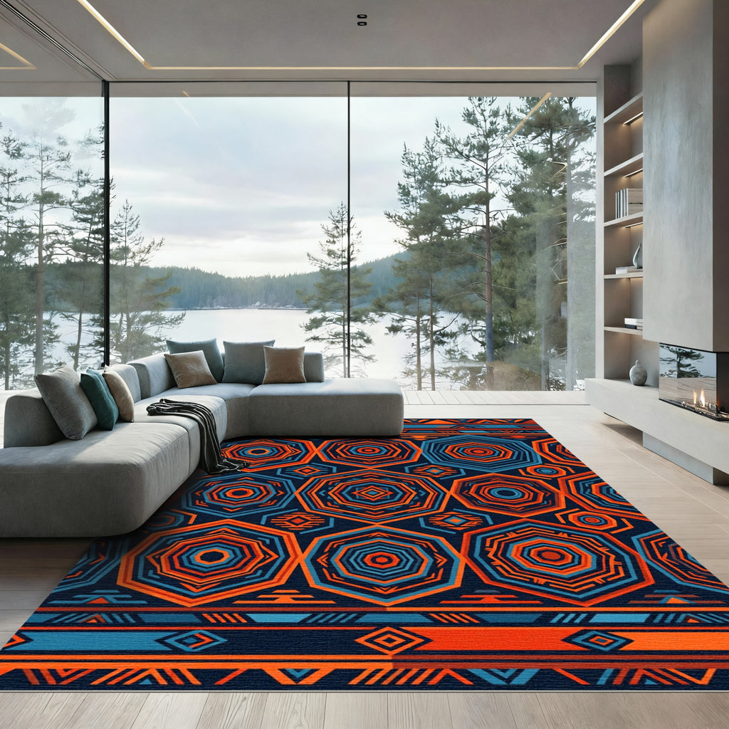 Vibrant Electric Blue Orange Hexagon Geometric Rug