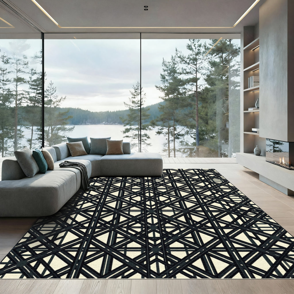 Monochromatic Black Geometric Art Deco Grid Rug