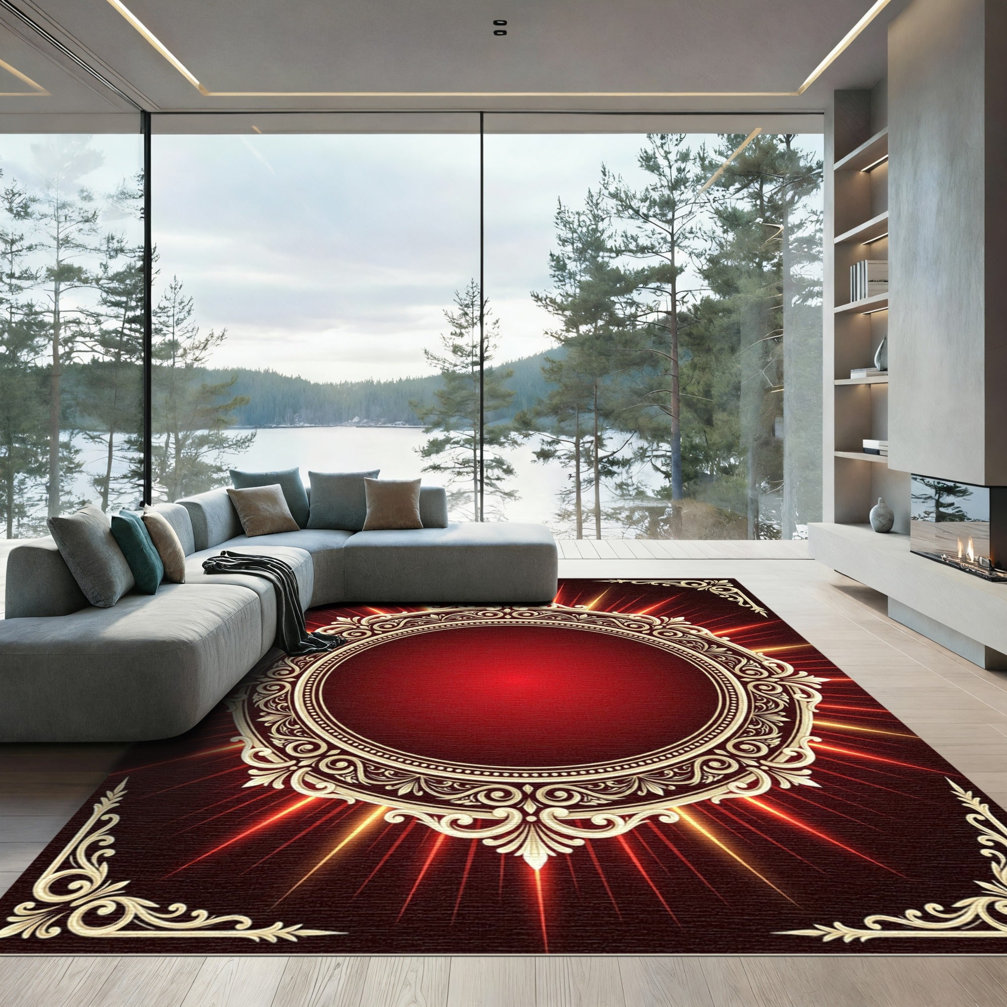 Regal Gold Ornate Medallion Rays Rug